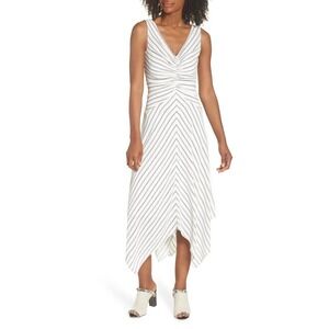 Maggy London Stripe Ruched Handkerchief Hem Dress Size 12 Sleeveless V-Neck